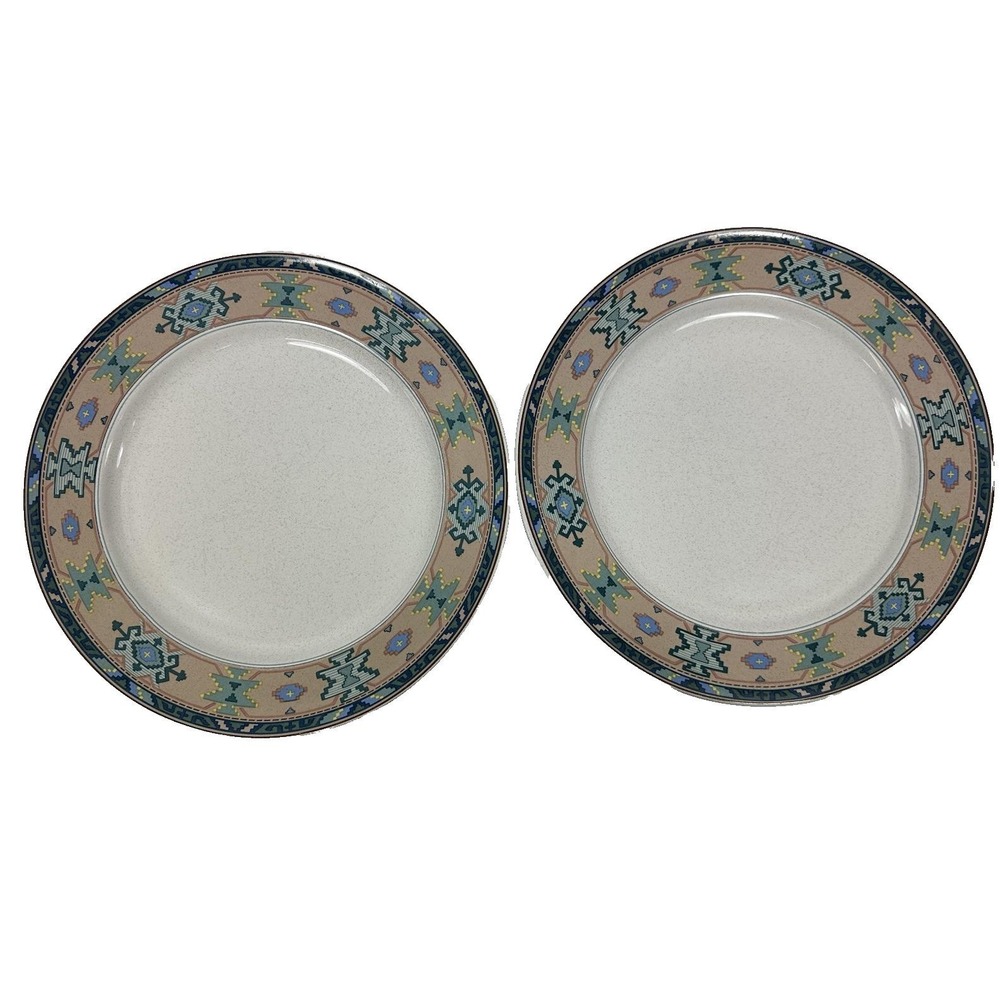 CHRISTOPHER STUART Sierra Vista Dinner Plates Southwestern Green Pink ~11" Y2202